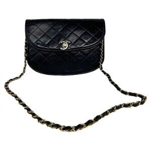 Authentic Chanel Half Moon Flap Black Lambskin Leather Gold Hardware Shoulder Ba